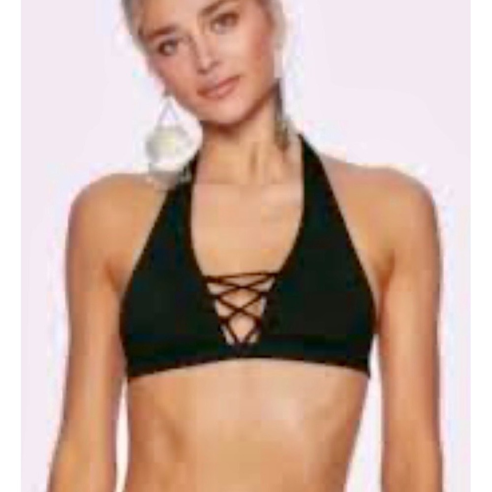 Beach Bunny Cameron Halter Bikini Top Black Lace Up B18128T4 3X